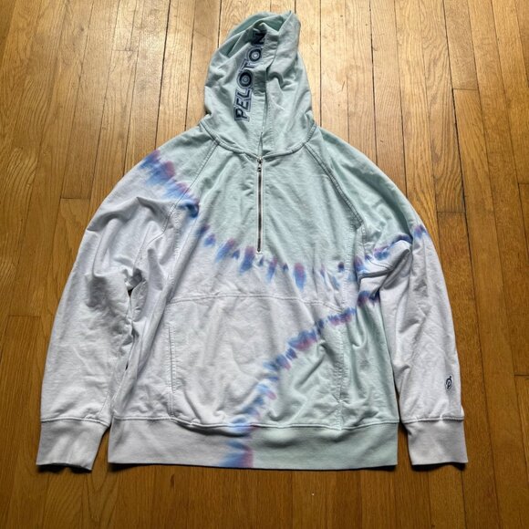 Peloton Size L White Blue Sunburst Tie-Dye Half Zip Pullover Hoodie Sweatshirt - Picture 3 of 15